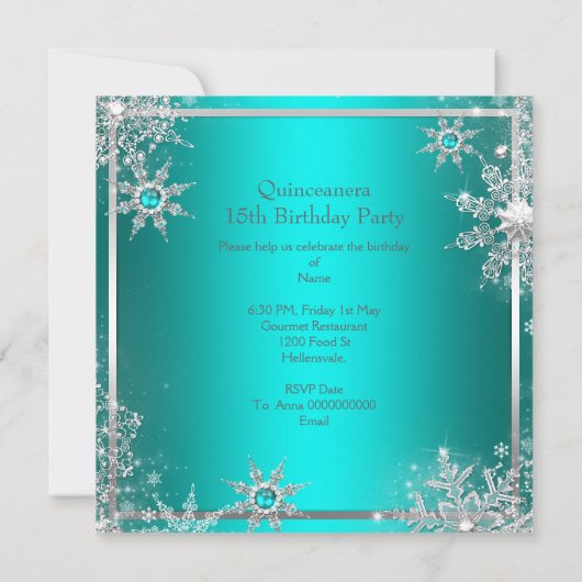 Blauwgroen blauw Quinceanera Winter Wonderland Sno Kaart (Achterkant)