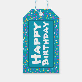 Blauwgroen Blauw Regenboog Confetti Happy Birthday Cadeaulabel