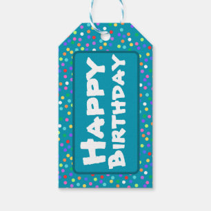 Blauwgroen Blauw Regenboog Confetti Happy Birthday Cadeaulabel