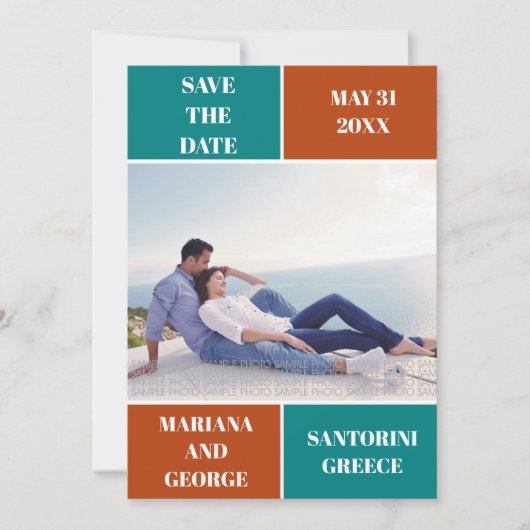 Blauwgroen blauw, roestkleurblok bruiloft Opslaan  Save The Date (Voorkant)