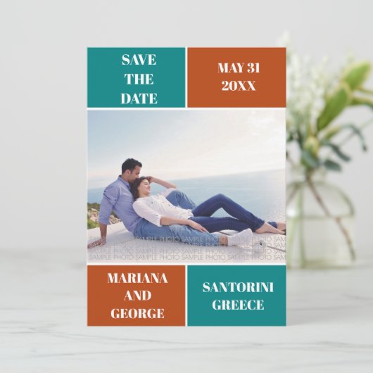 Blauwgroen blauw, roestkleurblok bruiloft Opslaan  Save The Date (Staand voorkant)