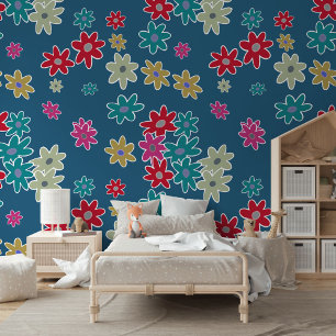 Blauwgroen Blauw Rood Heet Roze Beige Bloemen Kuns Behang