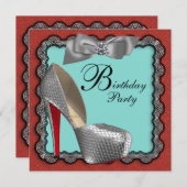 Blauwgroen Blauw Rood Zwart & Zilver Hoge Hak Scho Kaart (Voorkant / Achterkant)