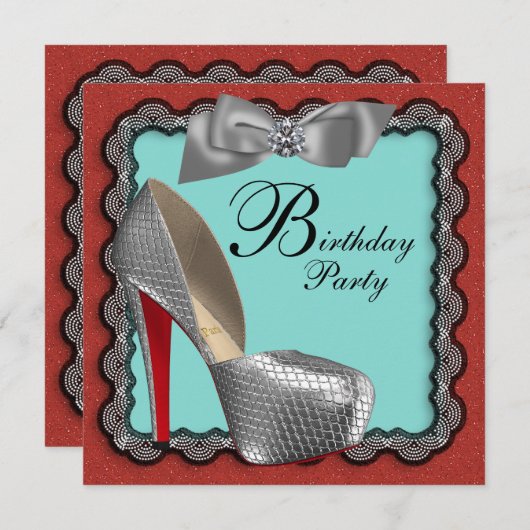 Blauwgroen Blauw Rood Zwart & Zilver Hoge Hak Scho Kaart (Voorkant / Achterkant)