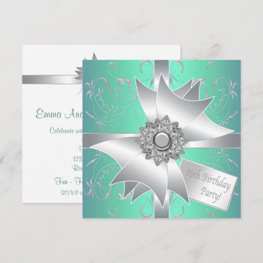 Blauwgroen Blauw Roze 10e Verjaardag Uitnodiging (Voorkant / Achterkant)