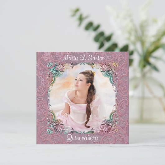 Blauwgroen Blauw Roze Afbeelding Quinceanera Kaart (Staand voorkant)
