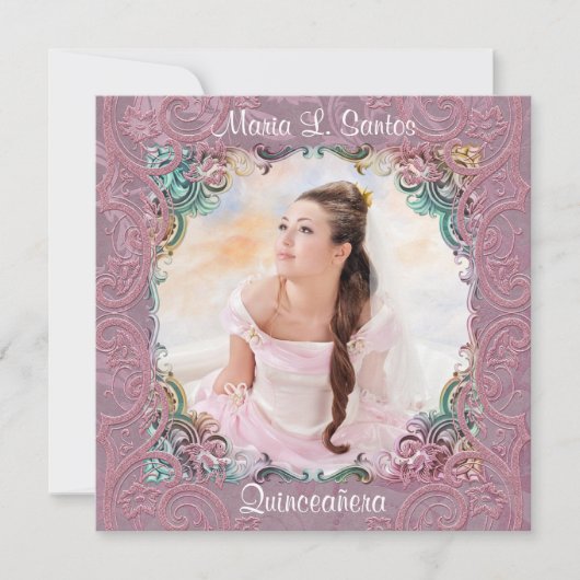 Blauwgroen Blauw Roze Afbeelding Quinceanera Kaart (Voorkant)