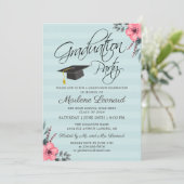 Blauwgroen Blauw Roze Floral Gold Script Foto Afst Kaart (Staand voorkant)