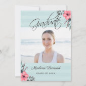 Blauwgroen Blauw Roze Floral Gold Script Foto Afst Kaart (Achterkant)