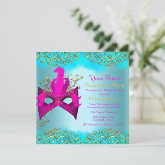 Blauwgroen blauw roze goudMasquerade Birthday Part Kaart (Staand voorkant)