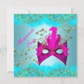 Blauwgroen blauw roze goudMasquerade Birthday Part Kaart (Achterkant)