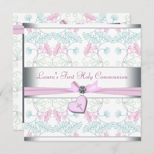 Blauwgroen Blauw Roze Hart Wit Roze Kruis Eerste C Kaart (Voorkant / Achterkant)