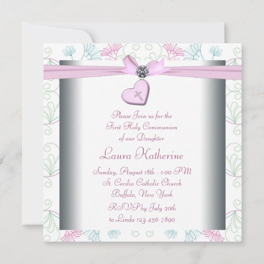 Blauwgroen Blauw Roze Hart Wit Roze Kruis Eerste C Kaart (Achterkant)