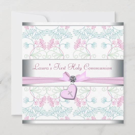 Blauwgroen Blauw Roze Hart Wit Roze Kruis Eerste C Kaart (Voorkant)