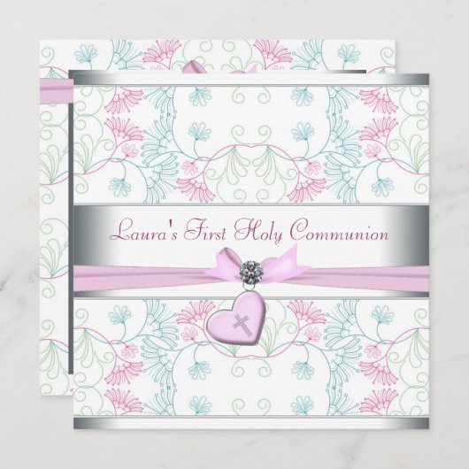 Blauwgroen Blauw Roze Hart Wit Roze Kruis Eerste C Kaart (Voorkant / Achterkant)