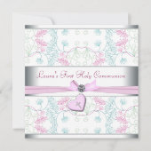 Blauwgroen Blauw Roze Hart Wit Roze Kruis Eerste C Kaart (Voorkant)