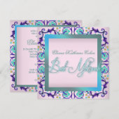 Blauwgroen blauw roze vleermuis mitswa uitnodiging (Voorkant / Achterkant)