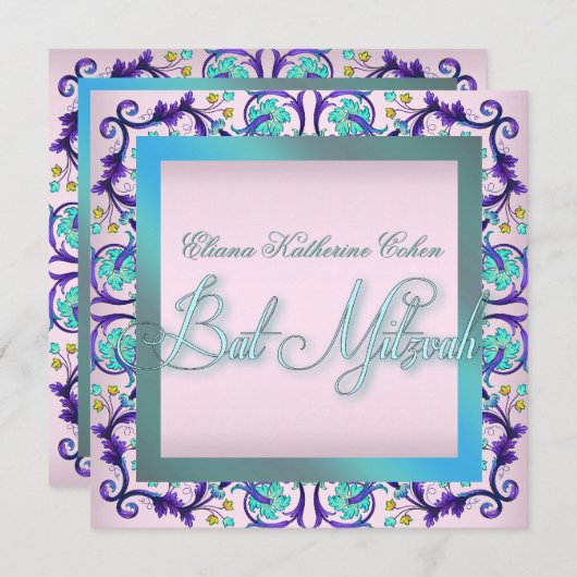 Blauwgroen blauw roze vleermuis mitswa uitnodiging (Voorkant / Achterkant)