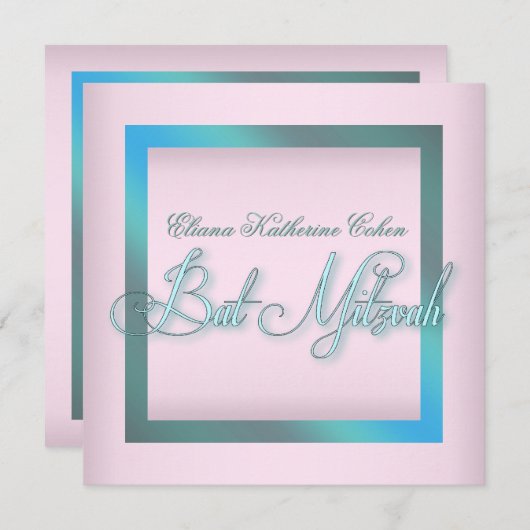 Blauwgroen blauw roze vleermuis mitswa uitnodiging (Voorkant / Achterkant)