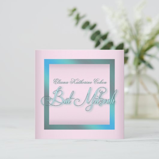 Blauwgroen blauw roze vleermuis mitswa uitnodiging (Staand voorkant)