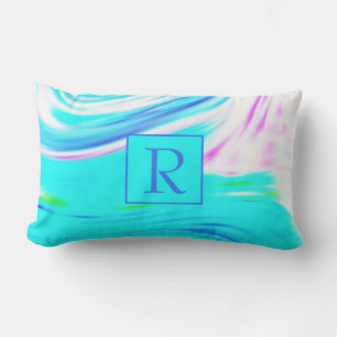 Blauwgroen Blauw Roze Witte Abstracte Golven Monog Buitenkussen