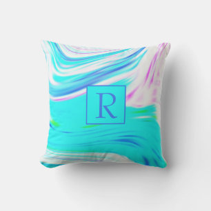 Blauwgroen Blauw Roze Witte Abstracte Golven Monog Buitenkussen