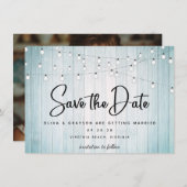 Blauwgroen Blauw Rustiek Hout String Lights Foto Save The Date (Voorkant / Achterkant)
