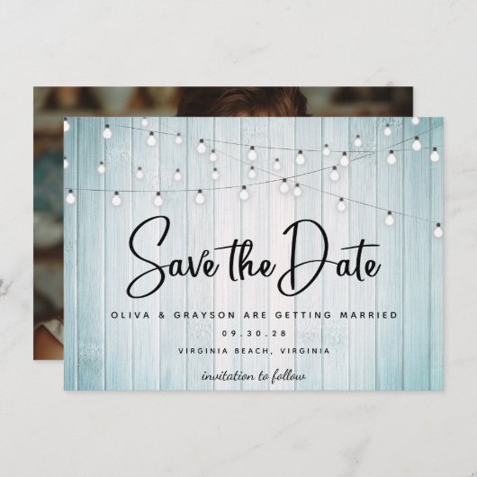 Blauwgroen Blauw Rustiek Hout String Lights Foto Save The Date (Voorkant / Achterkant)