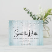 Blauwgroen Blauw Rustiek Hout String Lights Foto Save The Date (Staand voorkant)