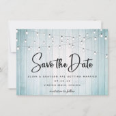 Blauwgroen Blauw Rustiek Hout String Lights Foto Save The Date (Voorkant)