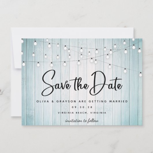 Blauwgroen Blauw Rustiek Hout String Lights Foto Save The Date (Voorkant)