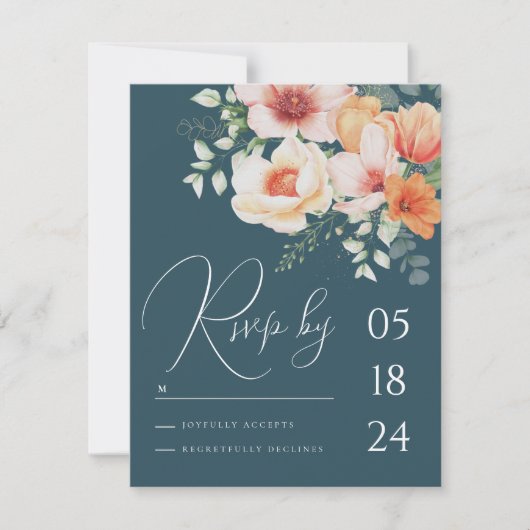Blauwgroen Blauw sinaasappel Lente Peach Bloemen B RSVP Kaartje (Voorkant)