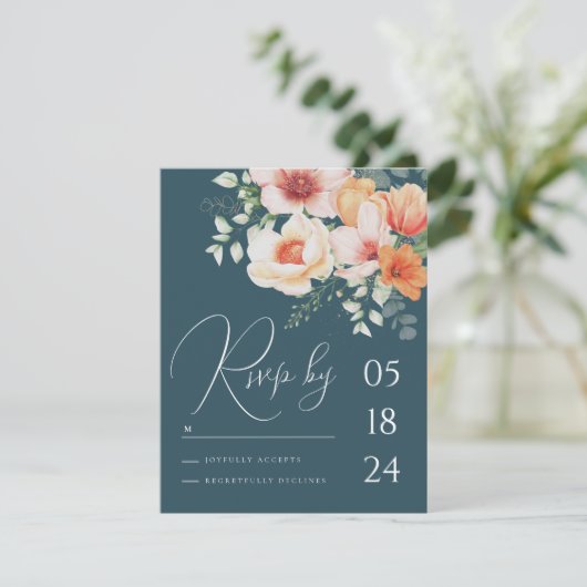 Blauwgroen Blauw sinaasappel Lente Peach Bloemen B RSVP Kaartje (Staand voorkant)