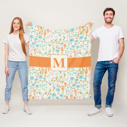  Blauwgroen Blauw Sinaasappel Roze Bloemenpatroon Fleece Deken (In situ)