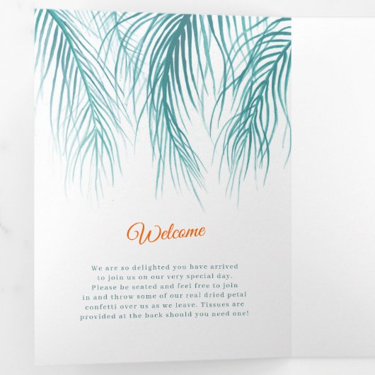 Blauwgroen blauw sinaasappel tropische palmen wate drieluik programma (Binnenzijde eerst)