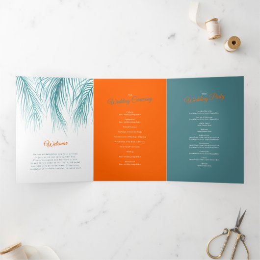 Blauwgroen blauw sinaasappel tropische palmen wate drieluik programma (Binnen)