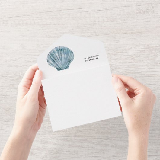  Blauwgroen Blauw Single Seashell Wedding All In One Uitnodiging (Opening)