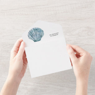  Blauwgroen Blauw Single Seashell Wedding All In One Uitnodiging