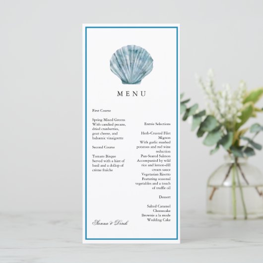 Blauwgroen Blauw Single Seashell Wedding Menu (Staand voorkant)