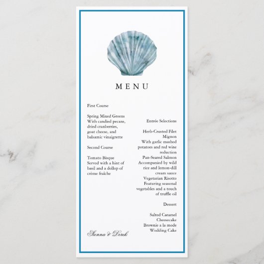 Blauwgroen Blauw Single Seashell Wedding Menu (Voorkant)