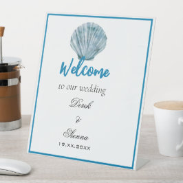  Blauwgroen Blauw Single Seashell Wedding Reclamebord Met Voetstuk