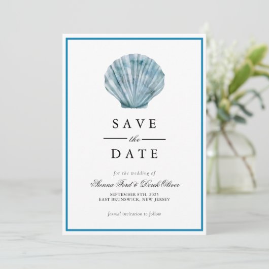 Blauwgroen Blauw Single Seashell Wedding Save The Date (Staand voorkant)