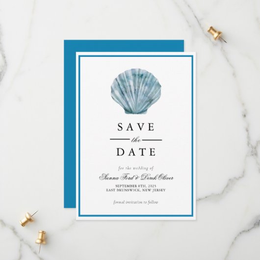 Blauwgroen Blauw Single Seashell Wedding Save The Date (Voorkant / Achterkant in situ)