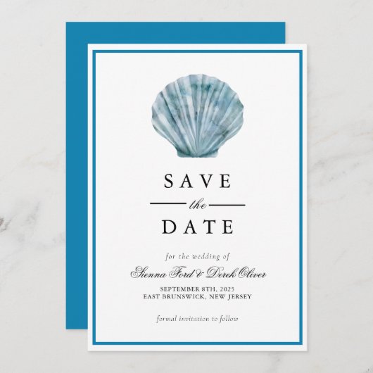  Blauwgroen Blauw Single Seashell Wedding Save The Date (Voorkant / Achterkant)