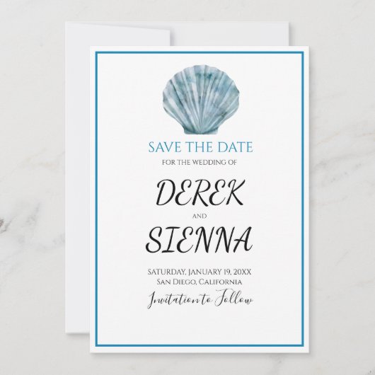  Blauwgroen Blauw Single Seashell Wedding Save The Date (Voorkant)