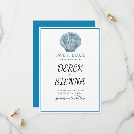 Blauwgroen Blauw Single Seashell Wedding Save The Date (Voorkant / Achterkant in situ)