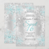 Blauwgroen blauw Snowflake Sweet 16 Birthday Party Kaart (Voorkant / Achterkant)