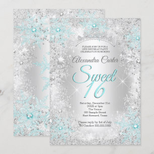 Blauwgroen blauw Snowflake Sweet 16 Birthday Party Kaart