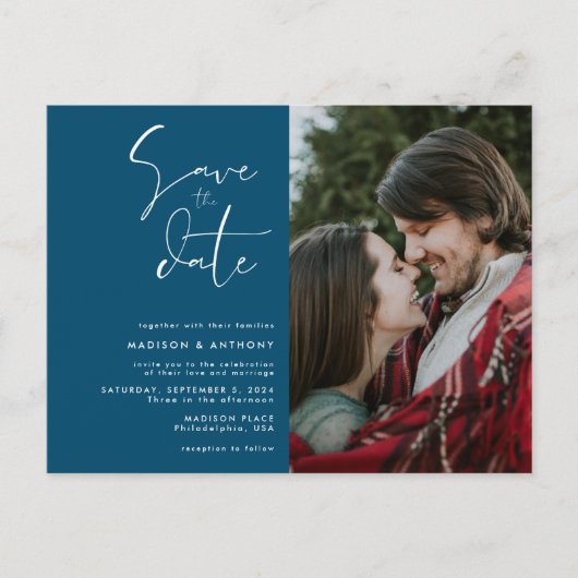 Blauwgroen Blauw sparen de Datum Minimaliserende F Uitnodiging Briefkaart (Voorkant)