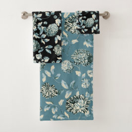 Blauwgroen Blauw Tansy Modern  Floral Toile Black Bad Handdoek